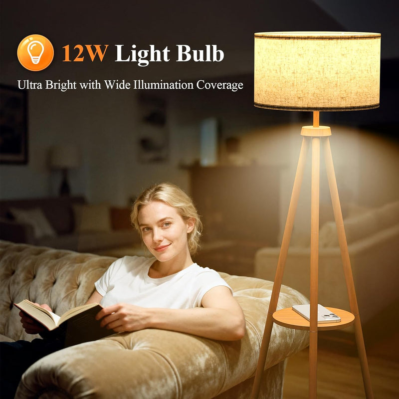 Floor Lamp with Storage Shelves 12W Solid Wooden