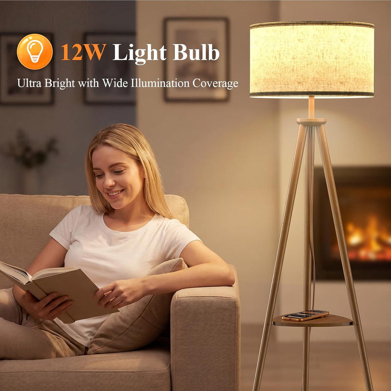 Floor Lamp with Storage Shelves 12W Solid Wooden