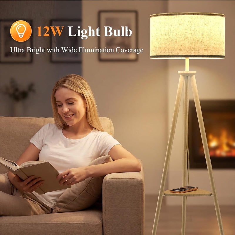 Floor Lamp with Storage Shelves 12W Solid Wooden