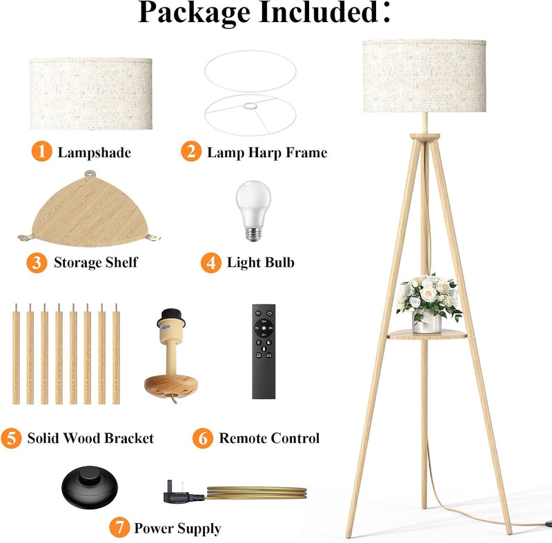 Floor Lamp with Storage Shelves 12W Solid Wooden