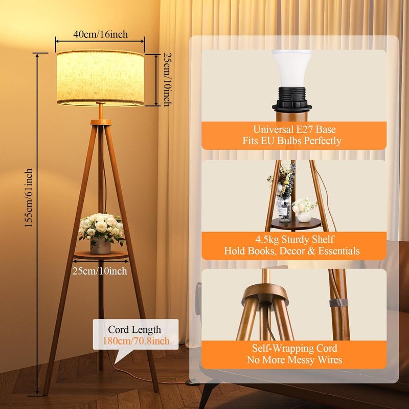 Floor Lamp with Storage Shelves 12W Solid Wooden