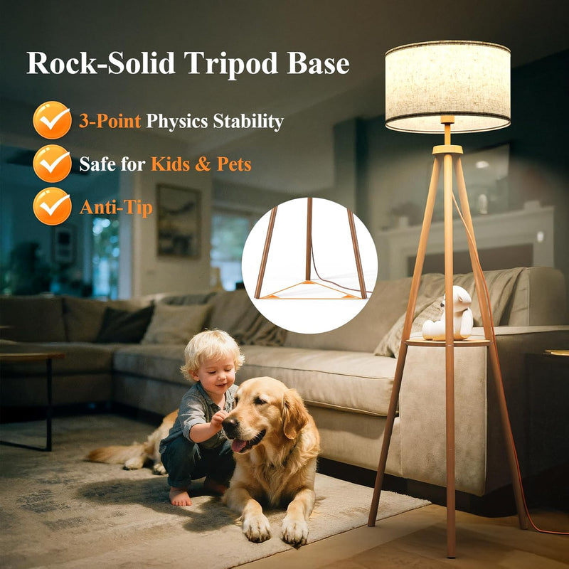 Floor Lamp with Storage Shelves 12W Solid Wooden