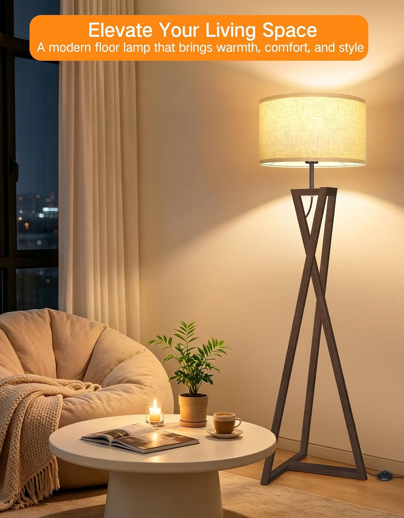 Floor Lamp with Wooden Base and Linen Drum
