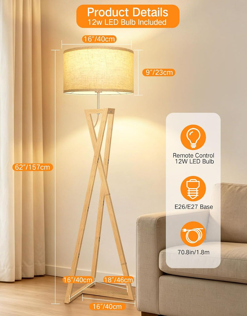 Floor Lamp with Wooden Base and Linen Drum