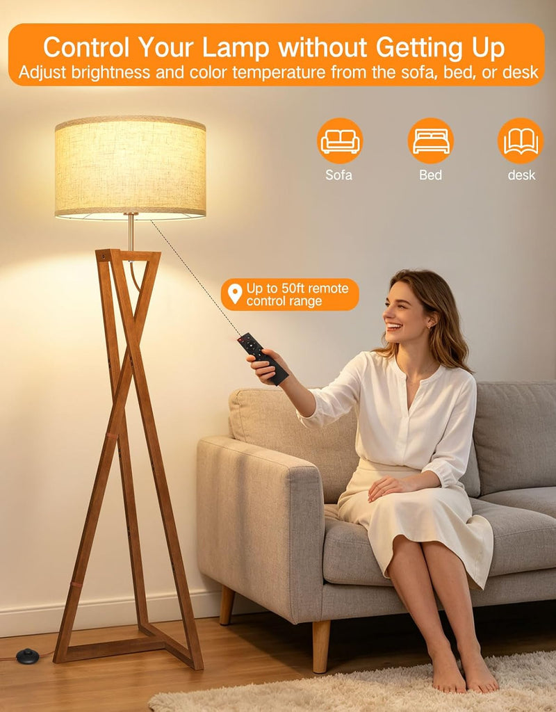 Floor Lamp with Wooden Base and Linen Drum