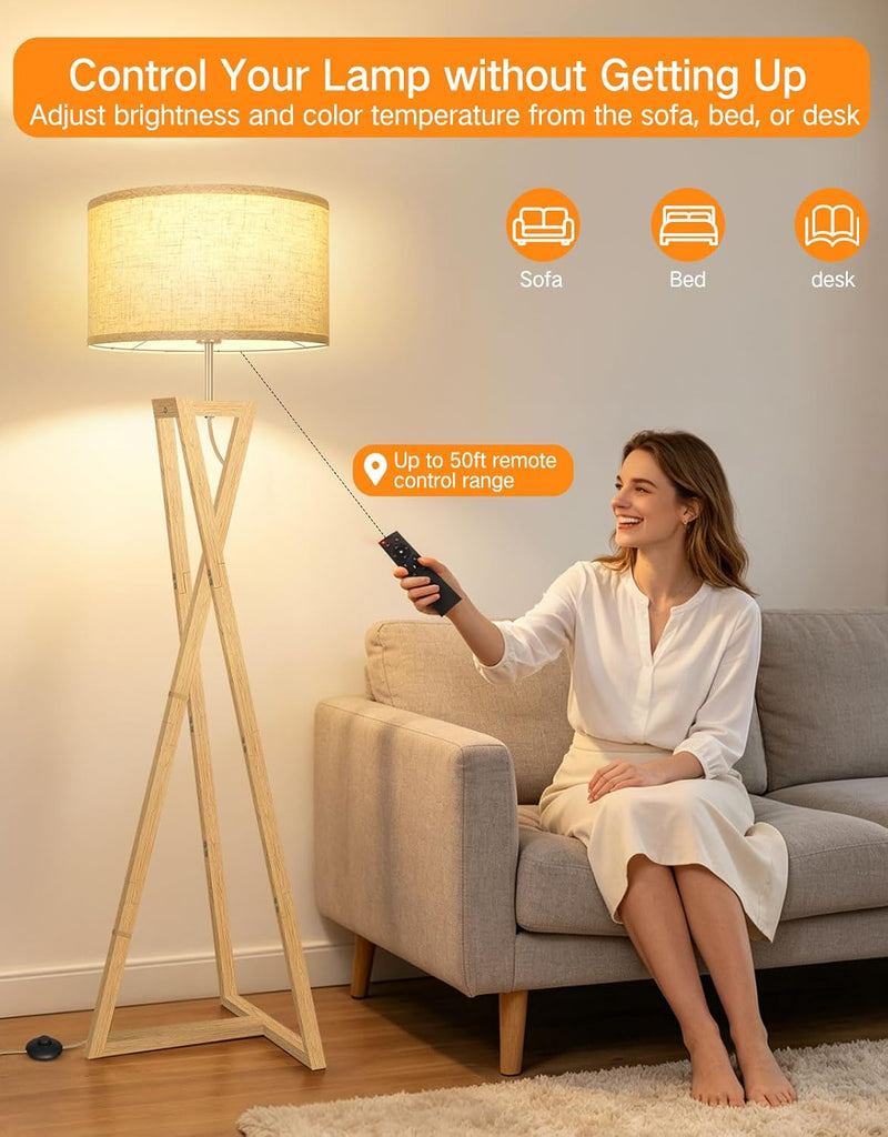 Floor Lamp with Wooden Base and Linen Drum