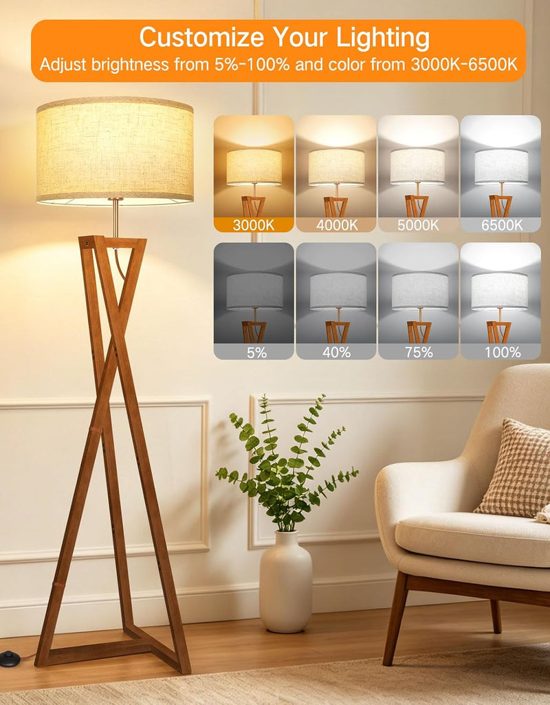 Floor Lamp with Wooden Base and Linen Drum