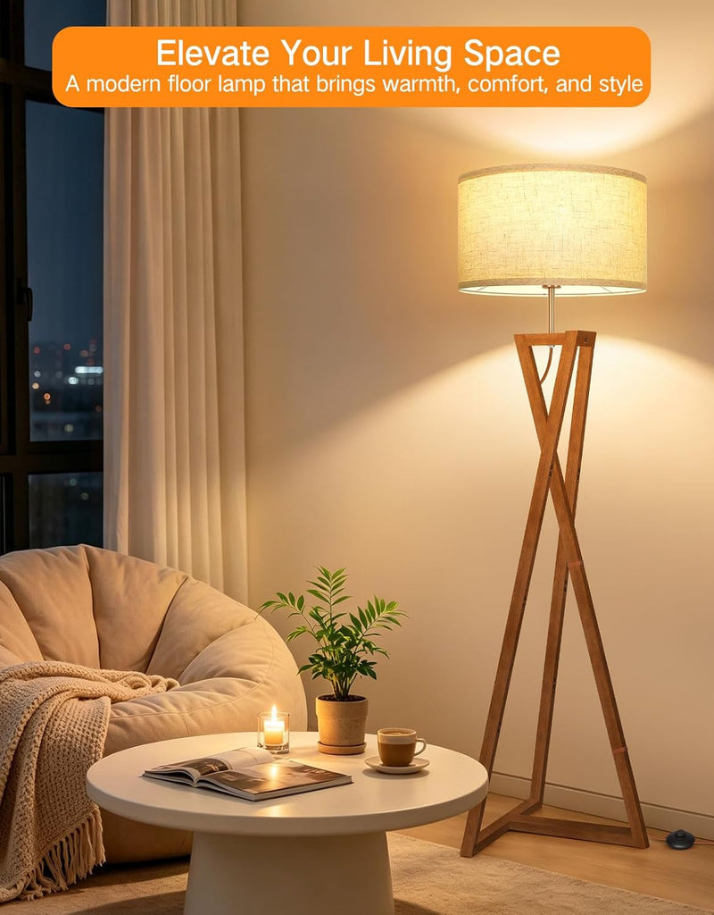 Floor Lamp with Wooden Base and Linen Drum