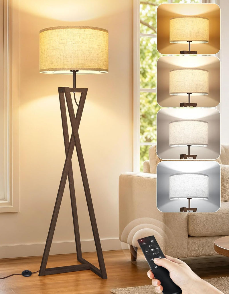 Floor Lamp with Wooden Base and Linen Drum