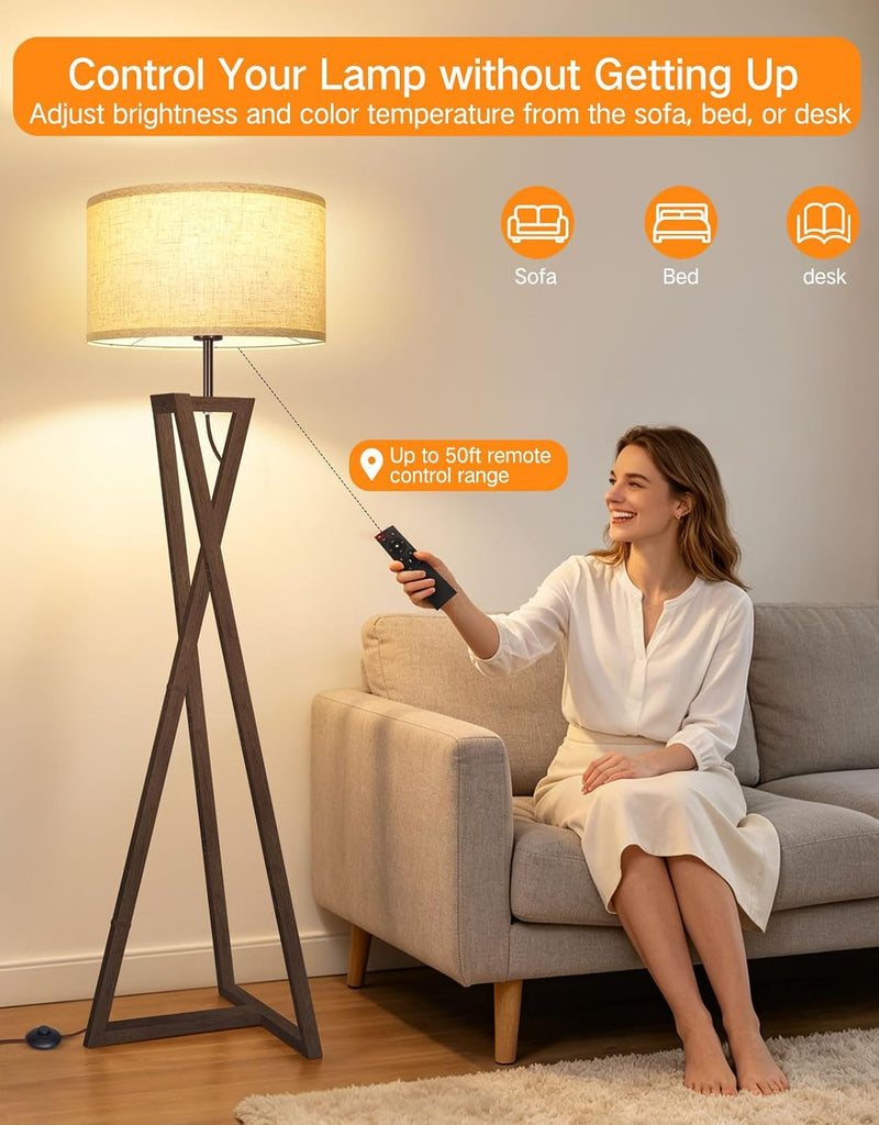 Floor Lamp with Wooden Base and Linen Drum