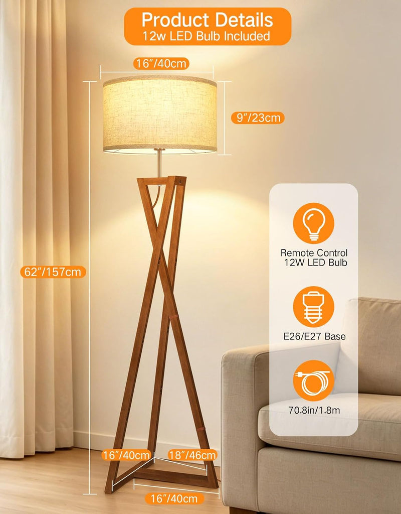 Floor Lamp with Wooden Base and Linen Drum