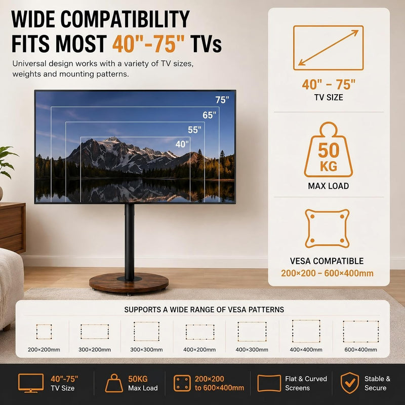 Floor TV Stand with Hidden Wheels 40–75 Inch