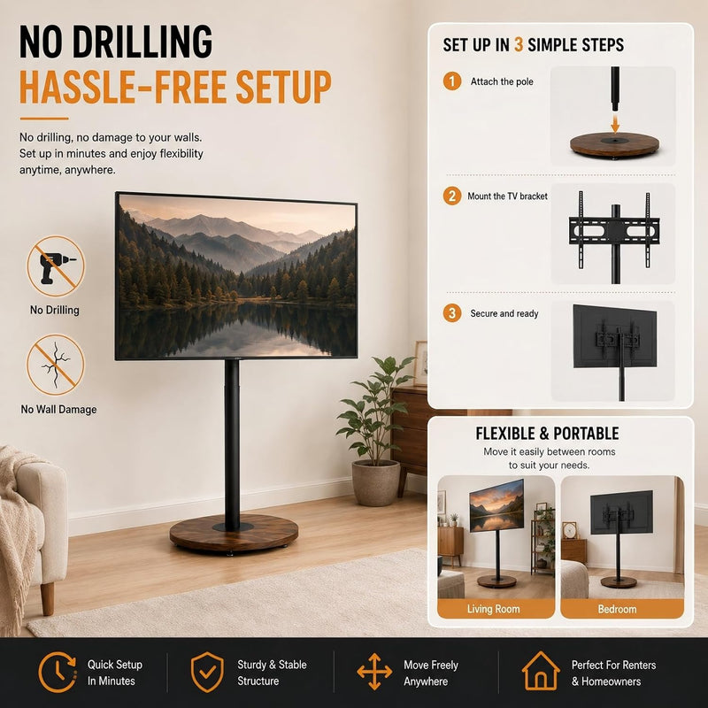 Floor TV Stand with Hidden Wheels 40–75 Inch