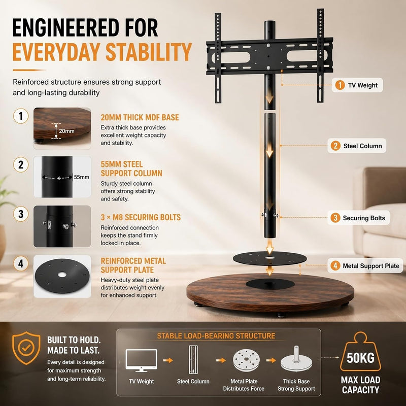 Floor TV Stand with Hidden Wheels 40–75 Inch