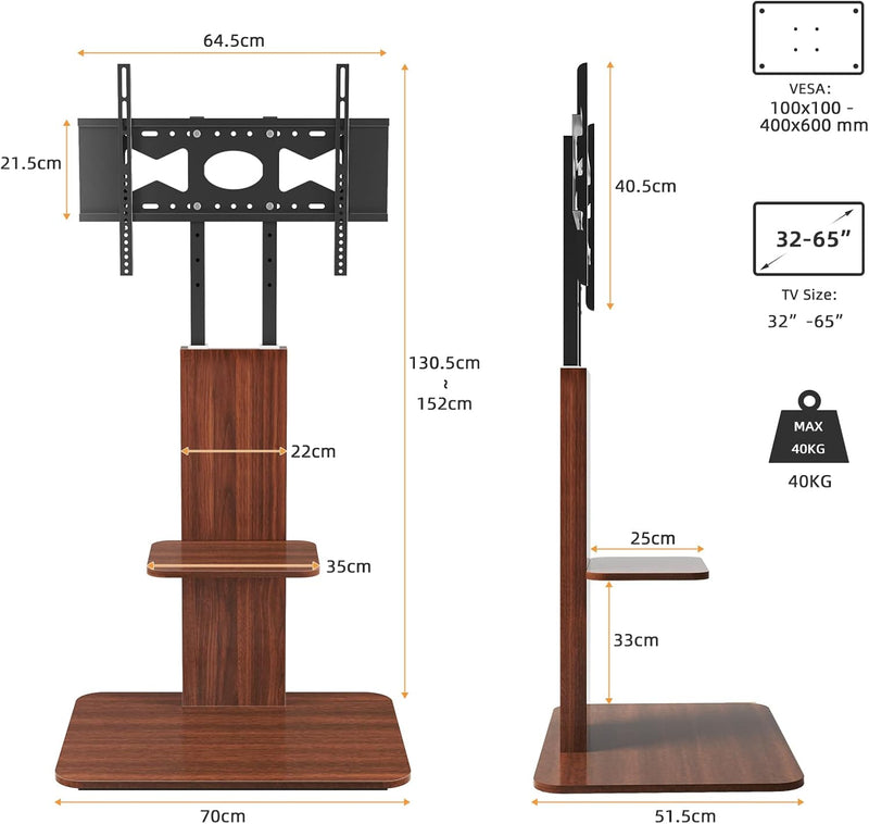 Floor TV Stand with Wheels Wood Shelves 40-75
