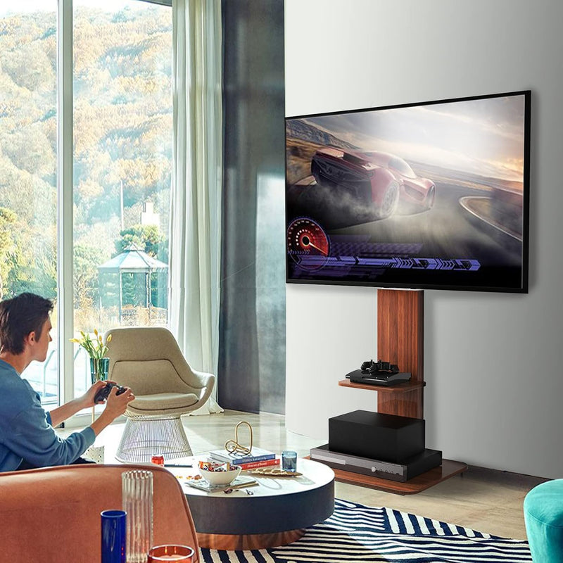 Floor TV Stand with Wheels Wood Shelves 40-75