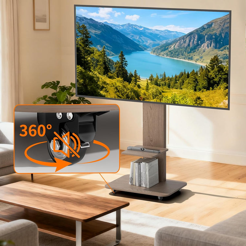 Floor TV Stand with Wheels Wood Shelves 40-75