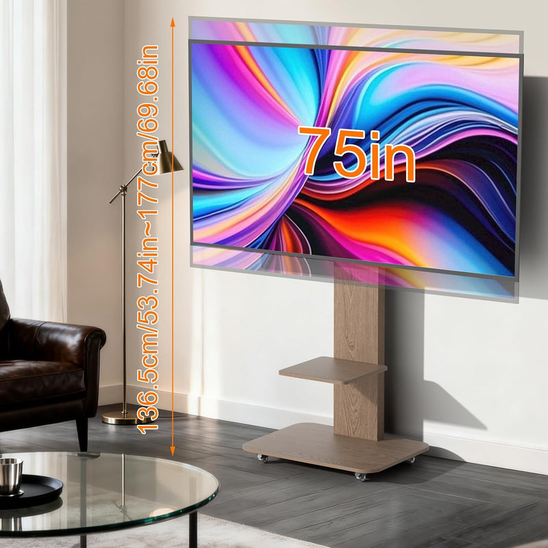 Floor TV Stand with Wheels Wood Shelves 40-75