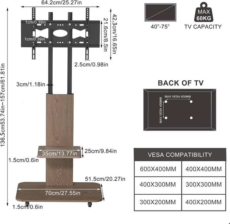 Floor TV Stand with Wheels Wood Shelves 40-75