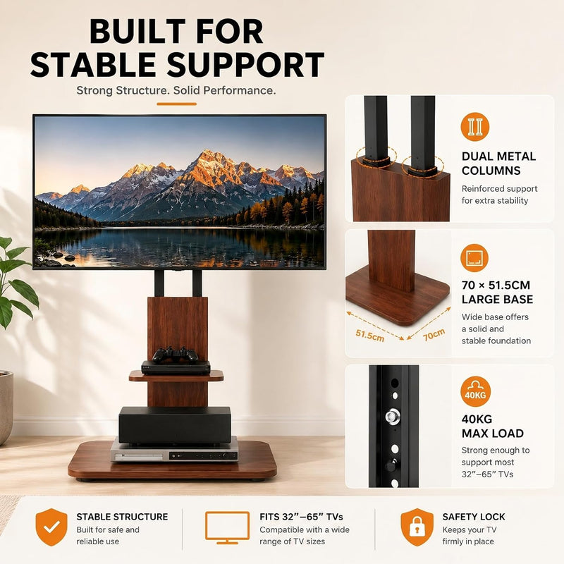 Floor TV Stand with Wheels Wood Shelves 40-75