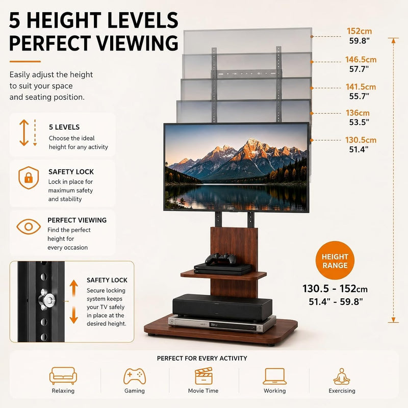 Floor TV Stand with Wheels Wood Shelves 40-75