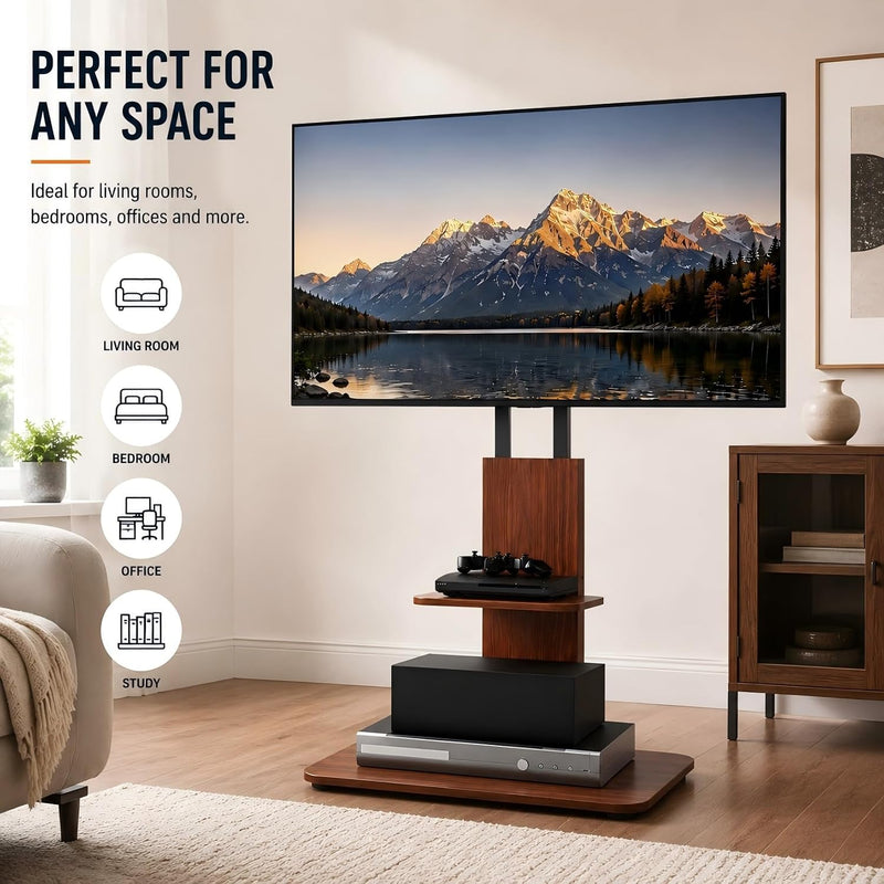 Floor TV Stand with Wheels Wood Shelves 40-75