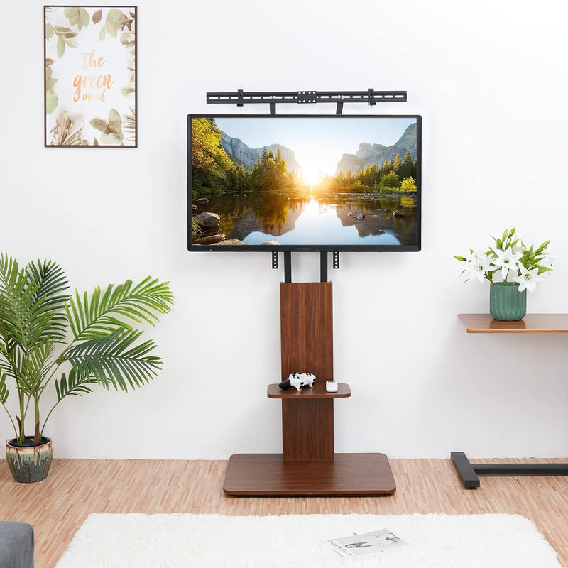 Floor TV Stand with Wheels Wood Shelves 40-75