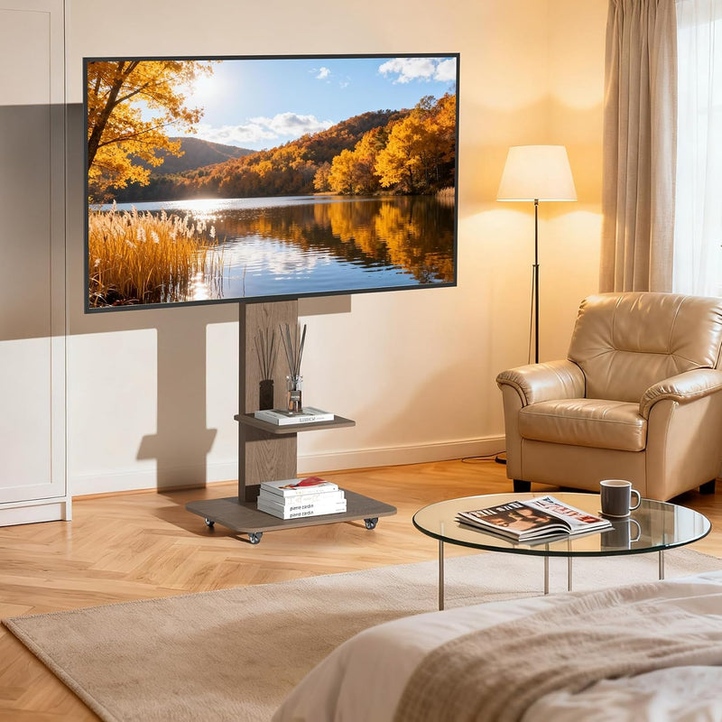 Floor TV Stand with Wheels Wood Shelves 40-75