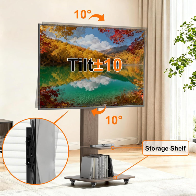 Floor TV Stand with Wheels Wood Shelves 40-75