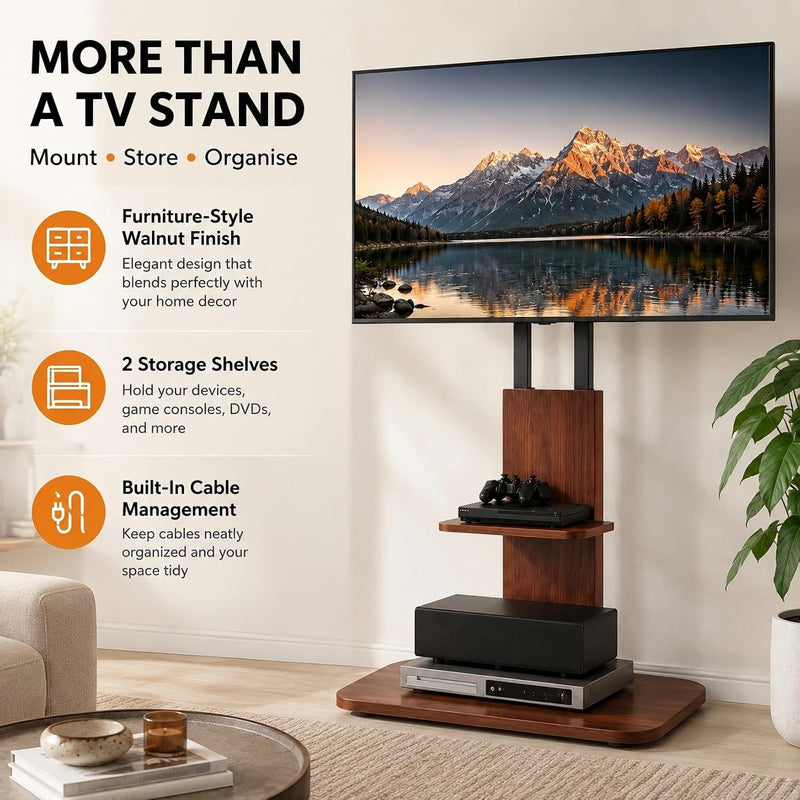 Floor TV Stand with Wheels Wood Shelves 40-75