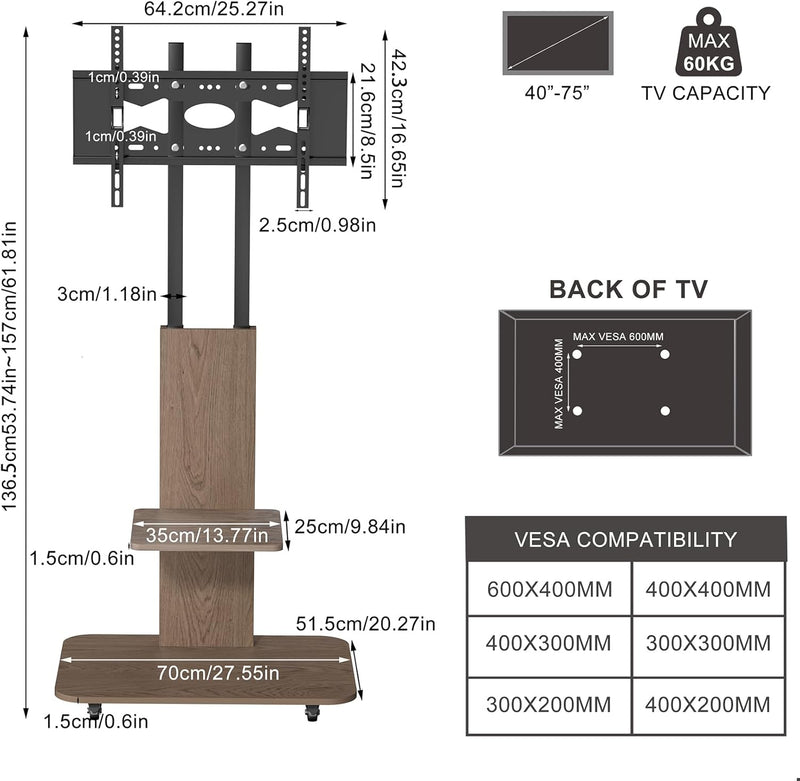Wooden TV Stand with 2 Shelves for 32–65