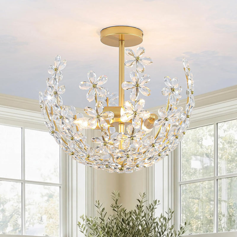Floral Crystal Ceiling Light 3-Light Chandelier