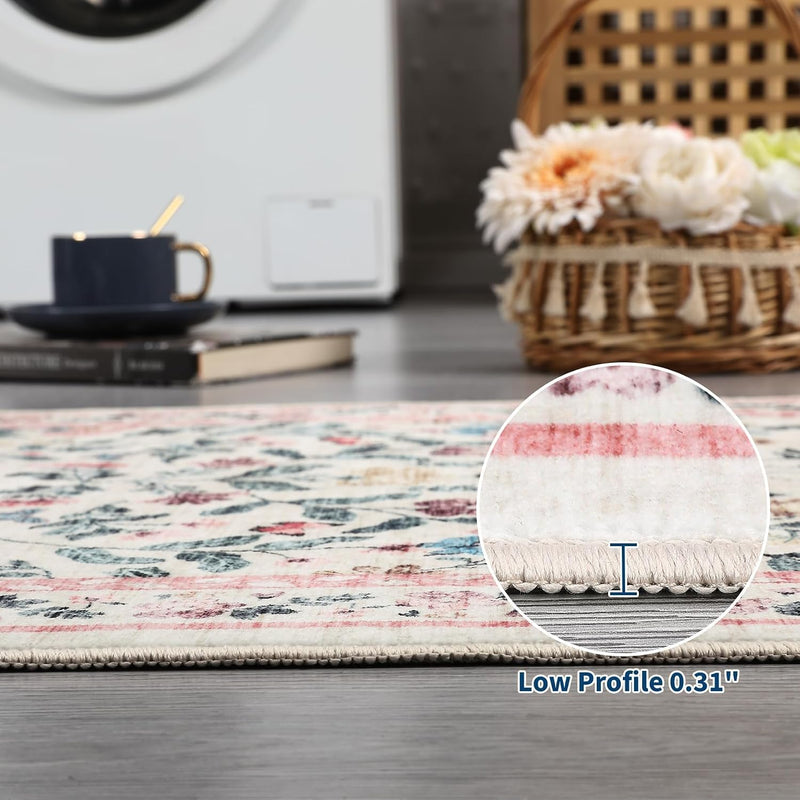 Floral Living Room Rug Washable Low