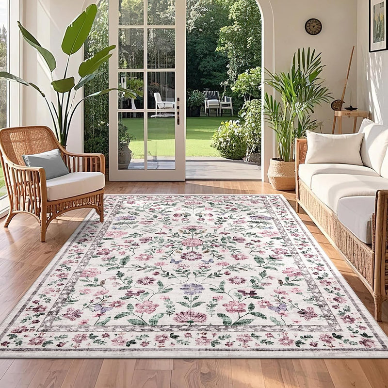 Floral Living Room Rug Washable Low