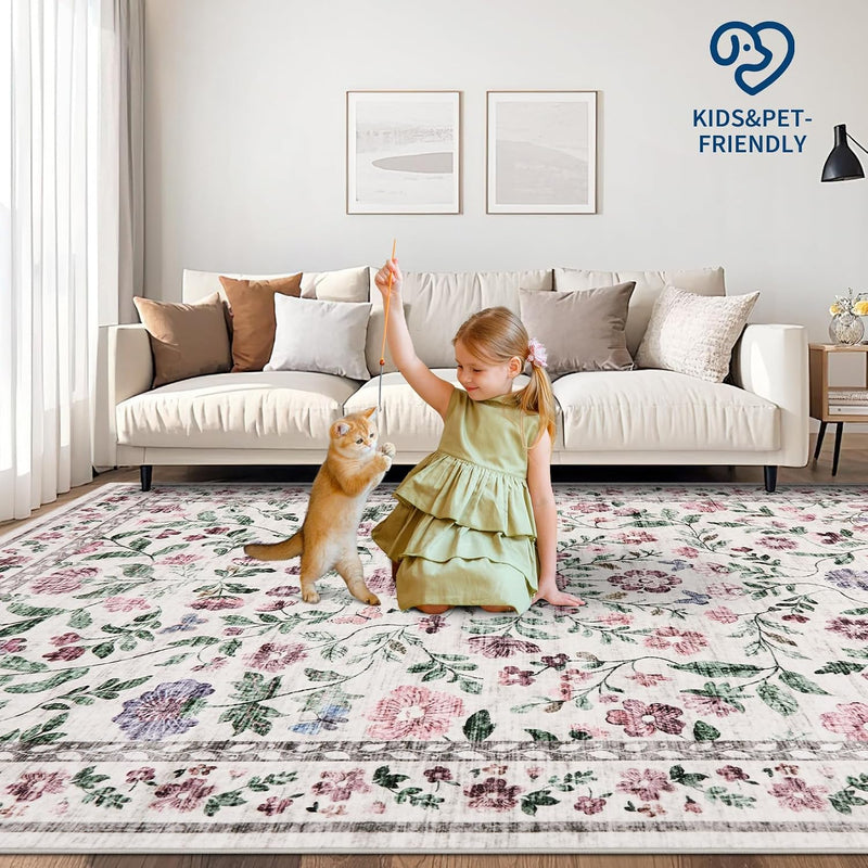 Floral Living Room Rug Washable Low