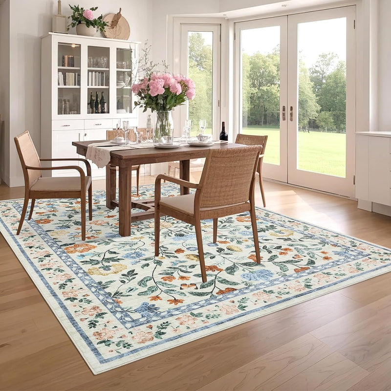 Floral Living Room Rug Washable Low