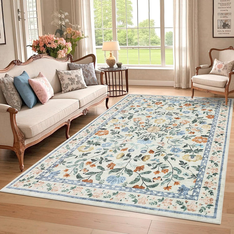 Floral Living Room Rug Washable Low