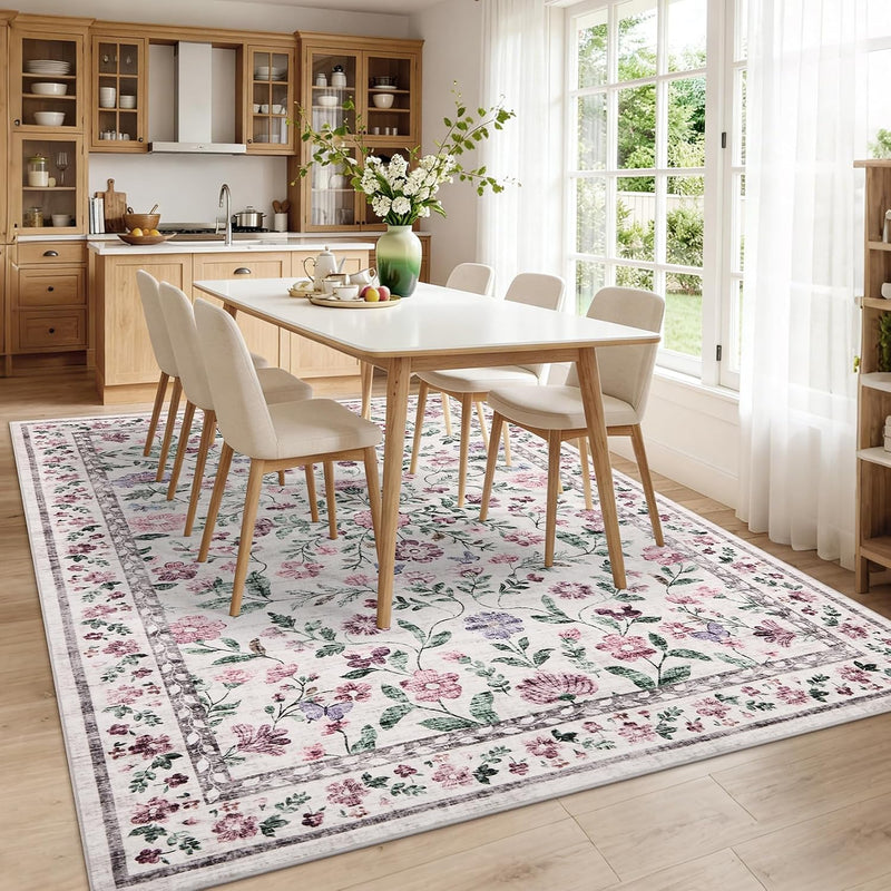 Floral Living Room Rug Washable Low