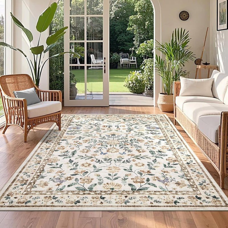 Floral Living Room Rug Washable Low