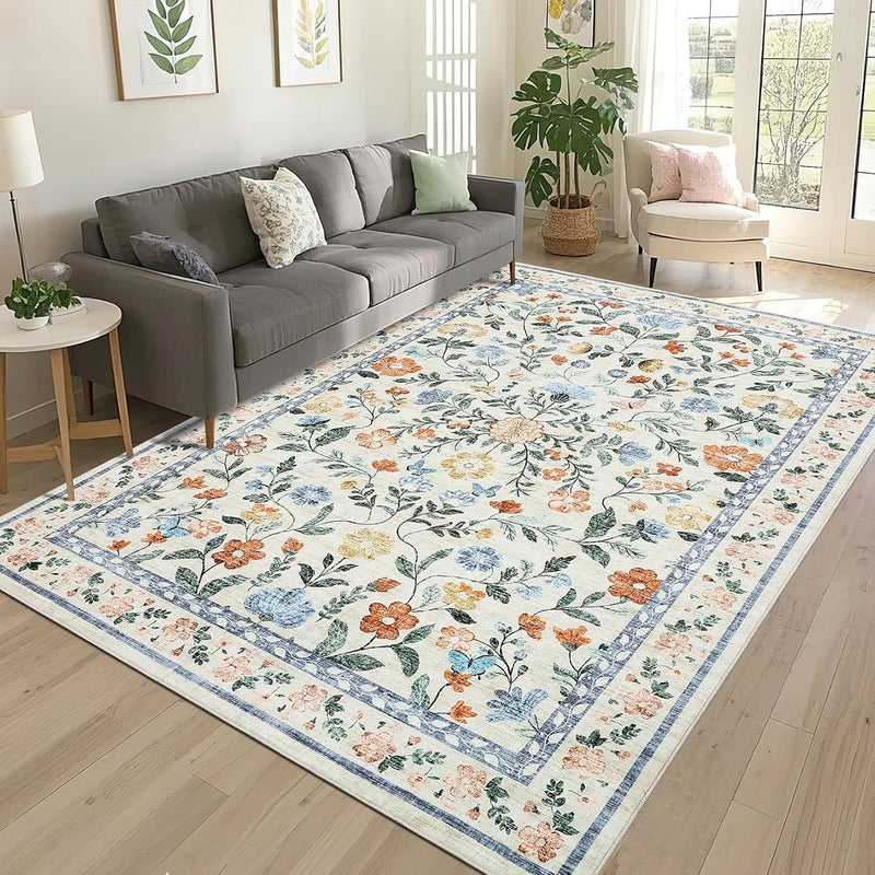 Floral Living Room Rug Washable Low