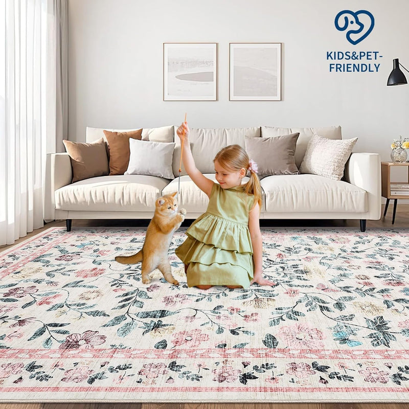 Floral Living Room Rug Washable Low