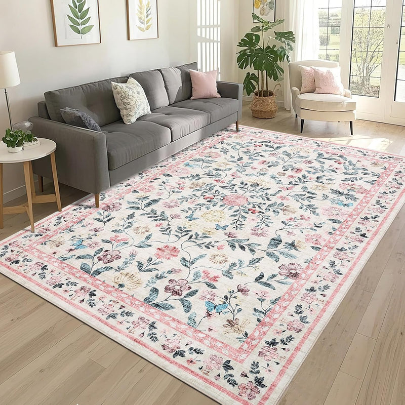 Floral Living Room Rug Washable Low