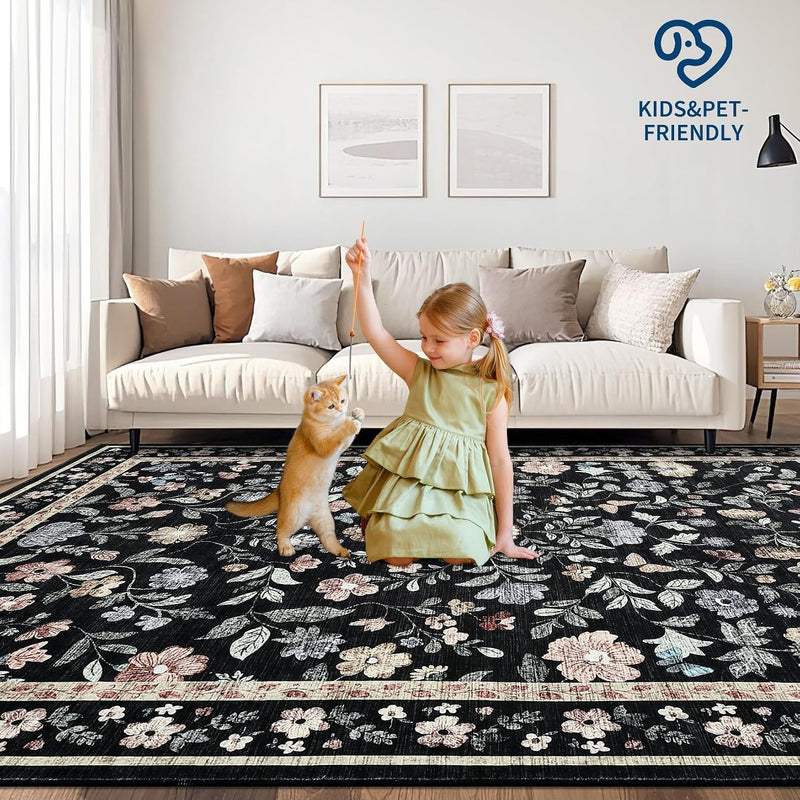 Floral Living Room Rug Washable Low