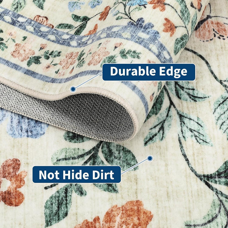 Floral Living Room Rug Washable Low