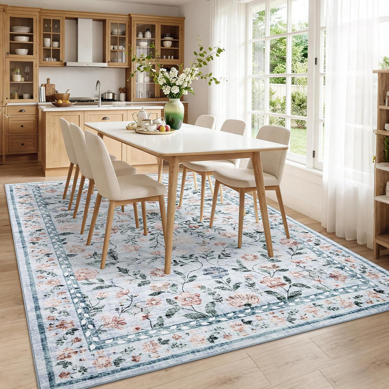 Floral Living Room Rug Washable Low