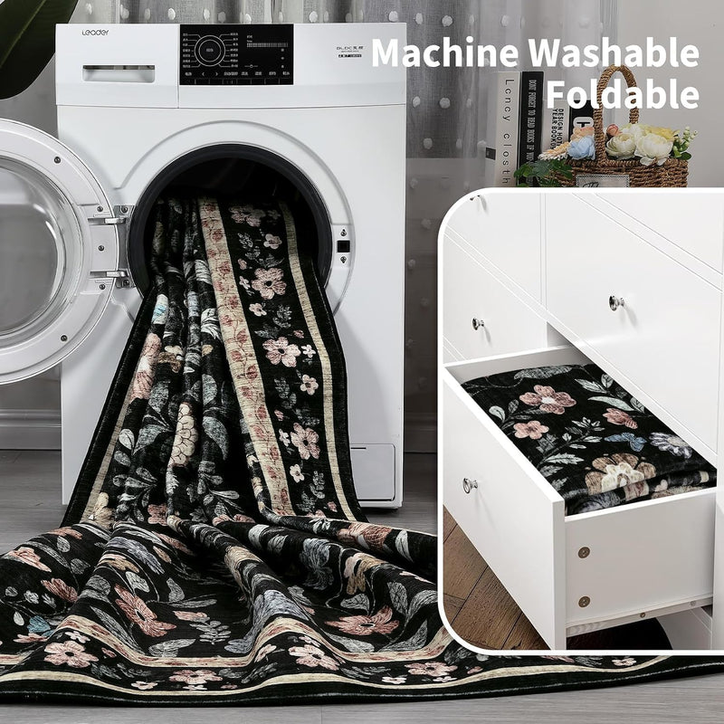 Floral Living Room Rug Washable Low