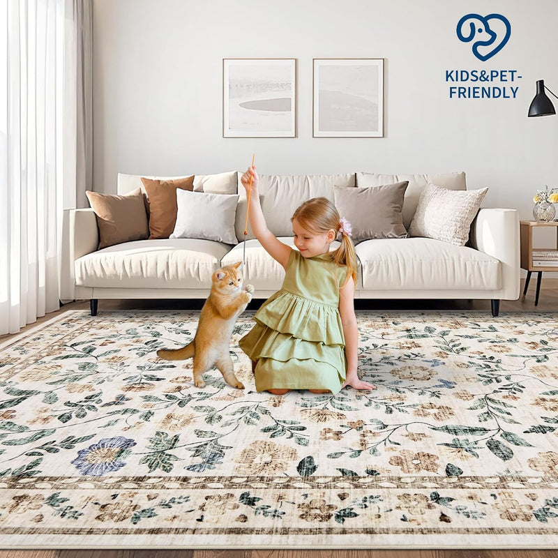Floral Living Room Rug Washable Low