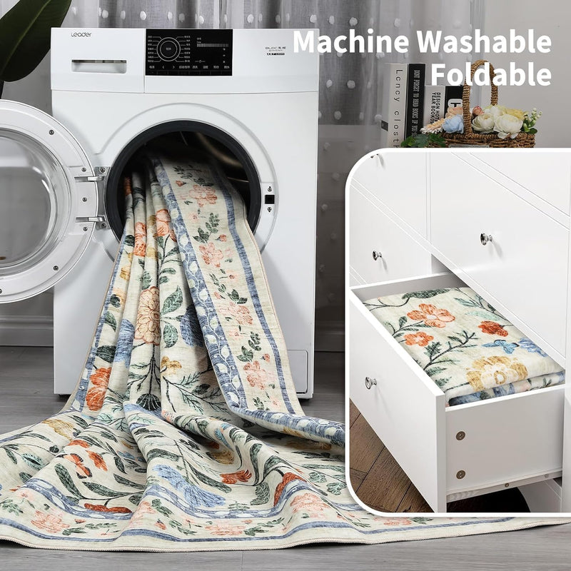 Floral Living Room Rug Washable Low