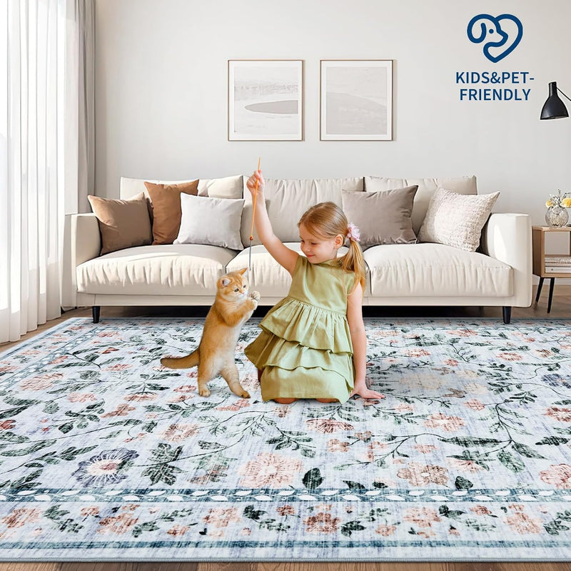 Floral Living Room Rug Washable Low