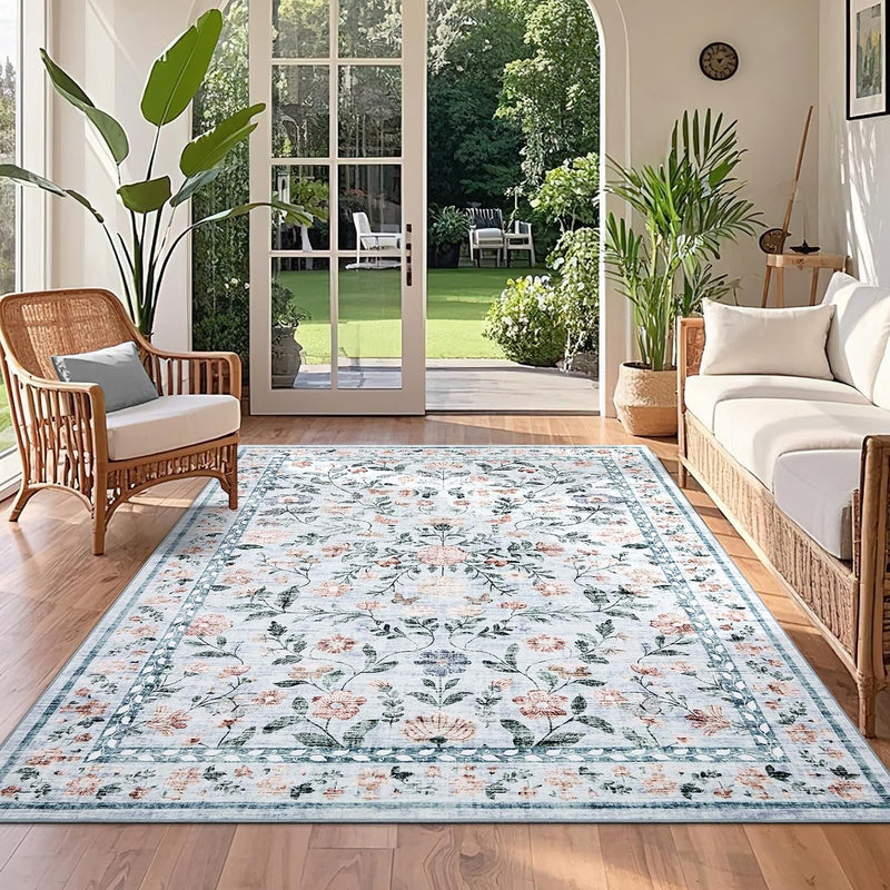 Floral Living Room Rug Washable Low